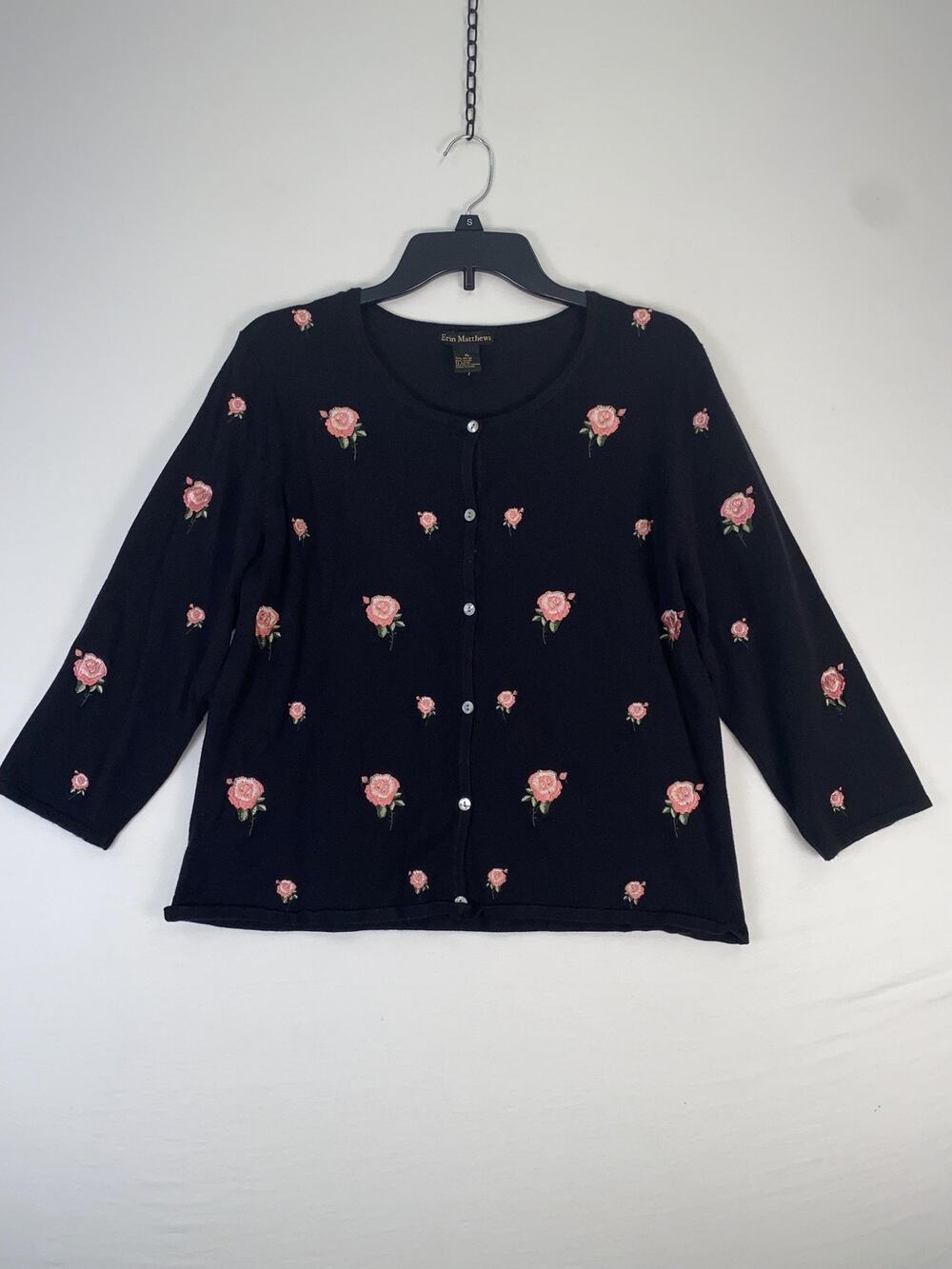Erin Matthews Cardigan Sweater Womens XL Black Rose Embroidered Button